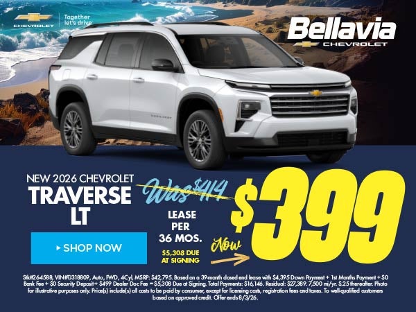 New 2026 Chevrolet Traverse LT $399/36 Month Lease 