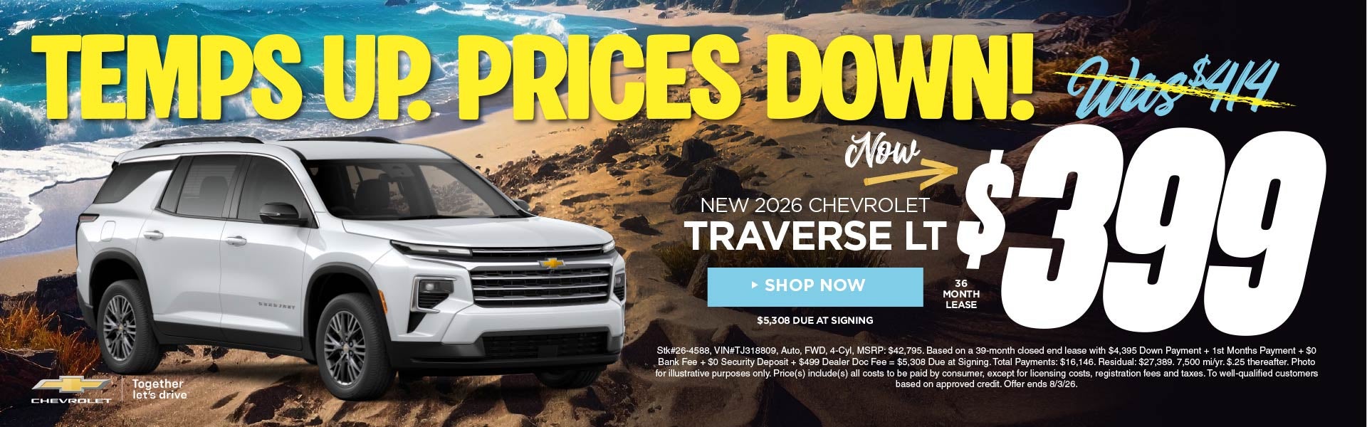 New 2026 Chevrolet Traverse LT $399/36 Month Lease 