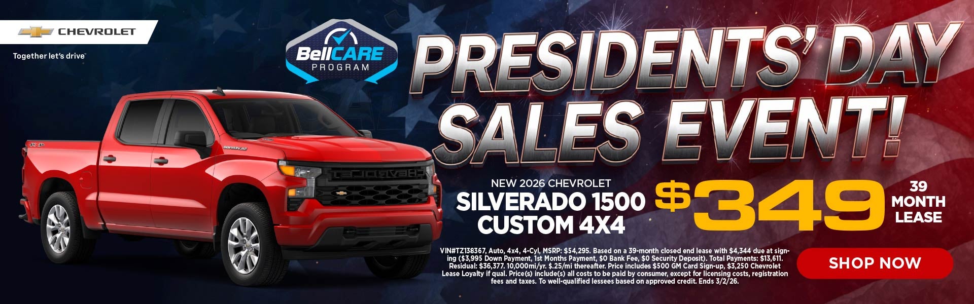 New 2026 Chevrolet Silverado 1500 Custom 4x4 $349/39 Month