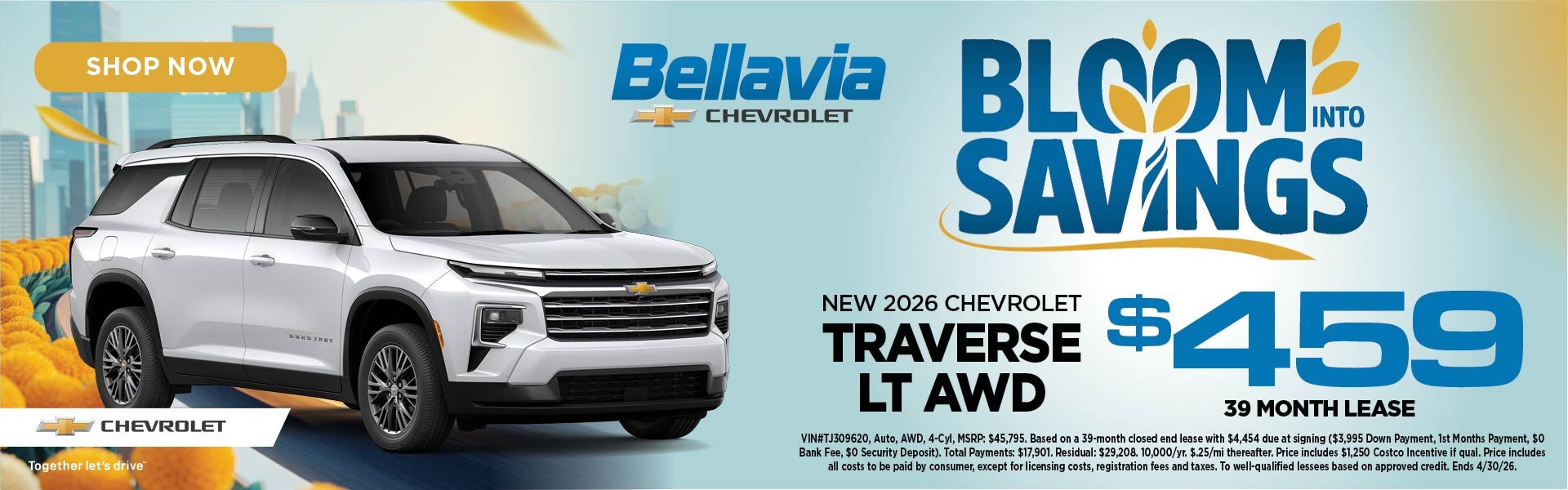 New 2026 Chevrolet Traverse LT AWD $459/39 Month Lease 