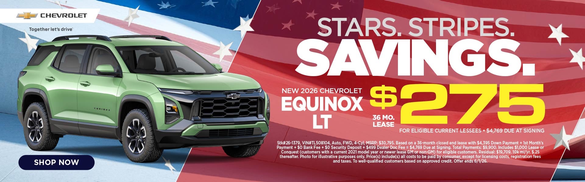 New 2026 Chevrolet Equinox LT $275/36 Month Lease