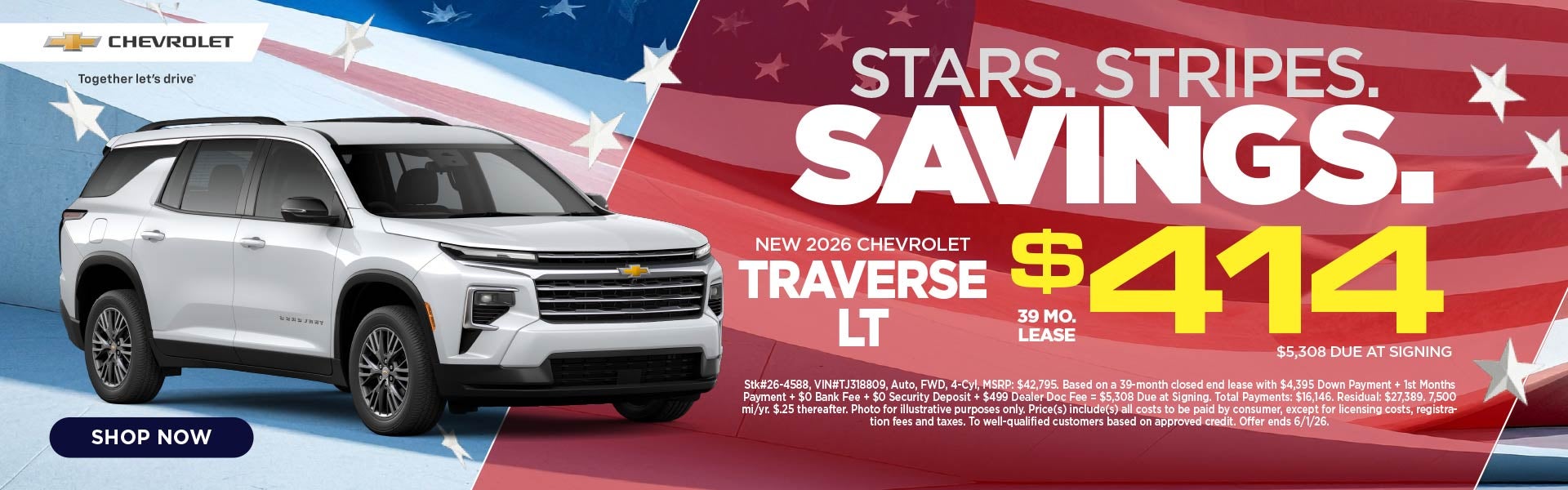 New 2026 Chevrolet Traverse LT $414/39 Month Lease