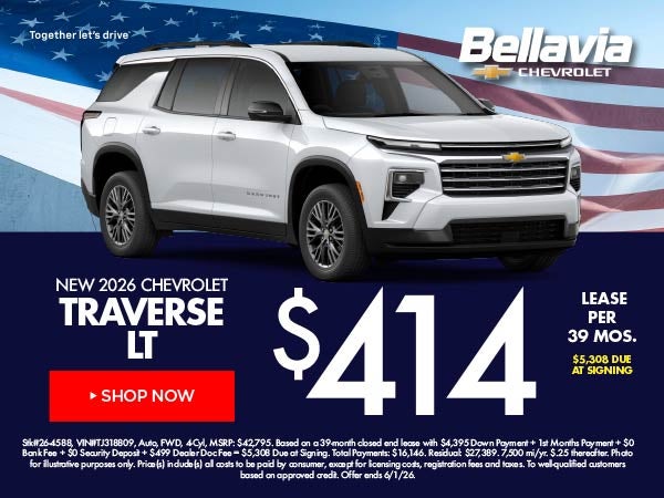 New 2026 Chevrolet Traverse LT $414/39 Month Lease