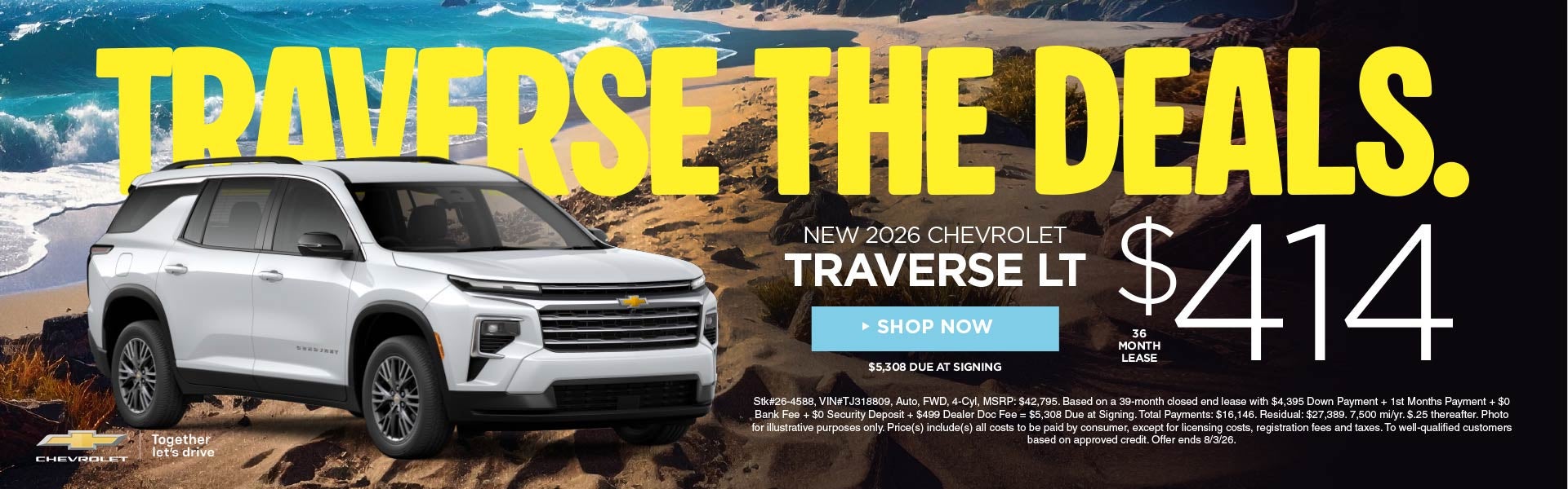 New 2026 Chevrolet Traverse LT $414/36 Month Lease