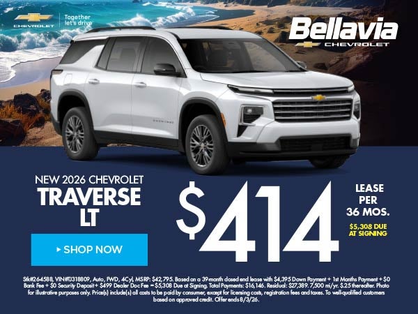 New 2026 Chevrolet Traverse LT $414/36 Month Lease