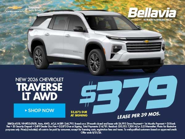 New 2026 Chevrolet Traverse LT AWD $379/39 Month Lease