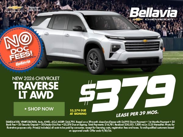 New 2026 Chevrolet Traverse LT AWD $379/39 Month Lease